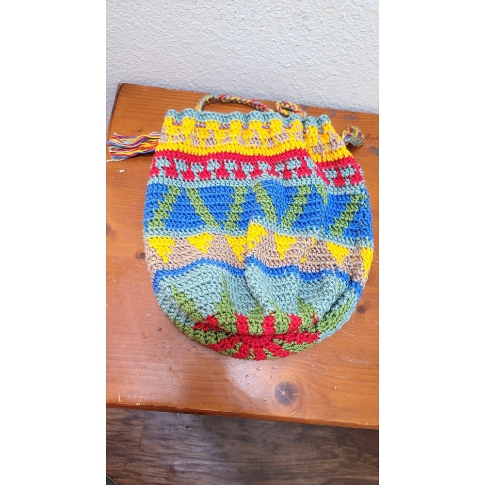 Handcrafted Colorful Crochet Sling Bag With Drawstring Closure For Boho-Chic Sty - Picture 2 of 8